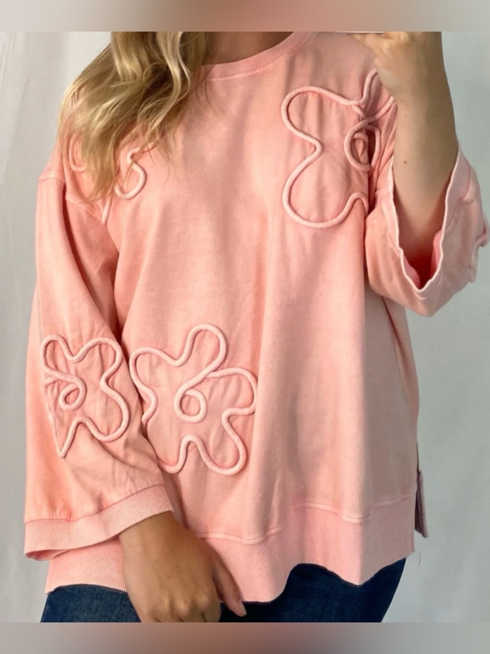 Easel 3X pink flower 3D long sleeve top drop shoulder women’s 3XL sweater shirt